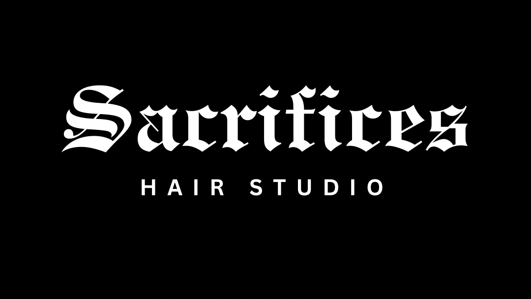 Sacrifices Hair Studio wordmark — Old English blackletter.
